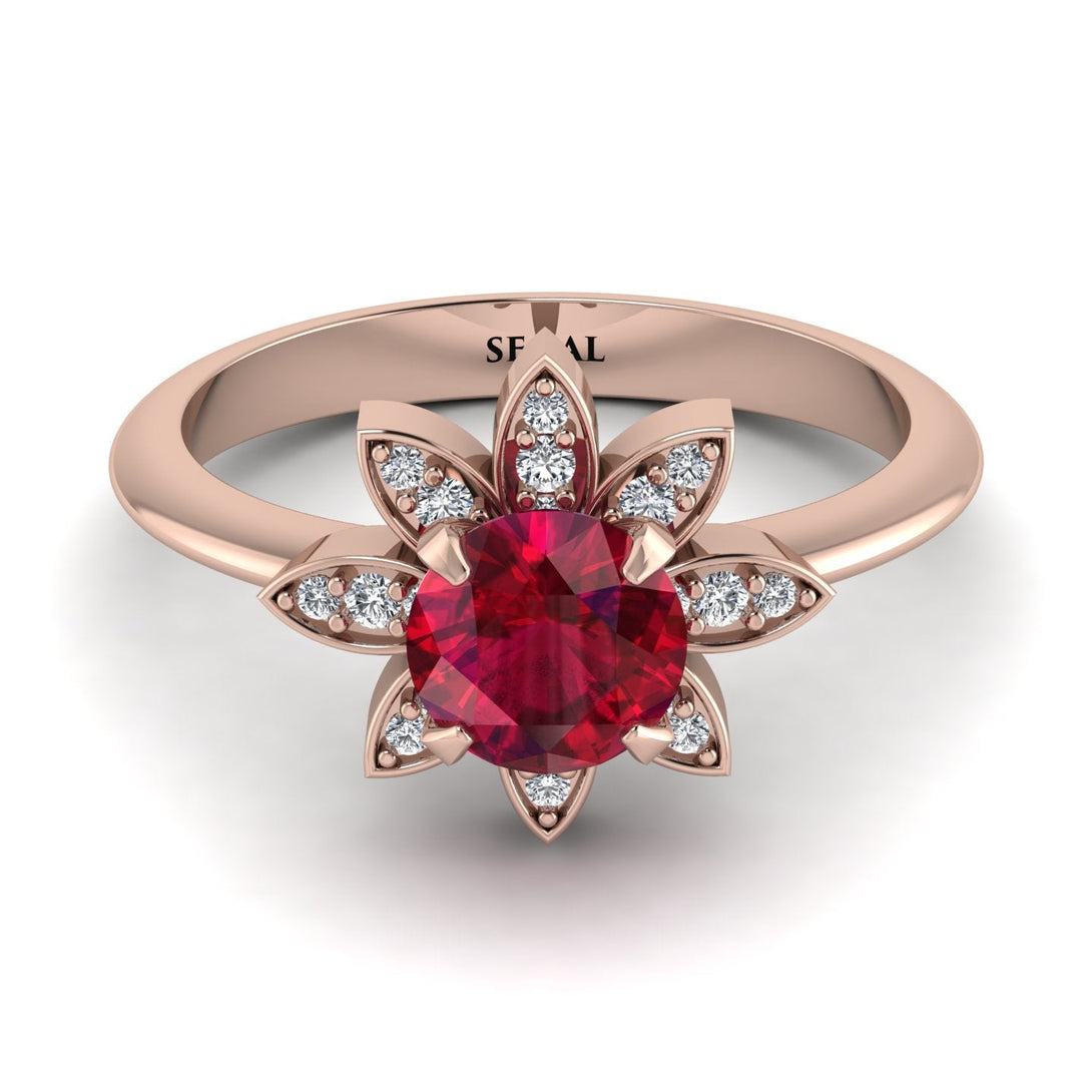 Round Ruby Flower Ring - Michelle No. 11