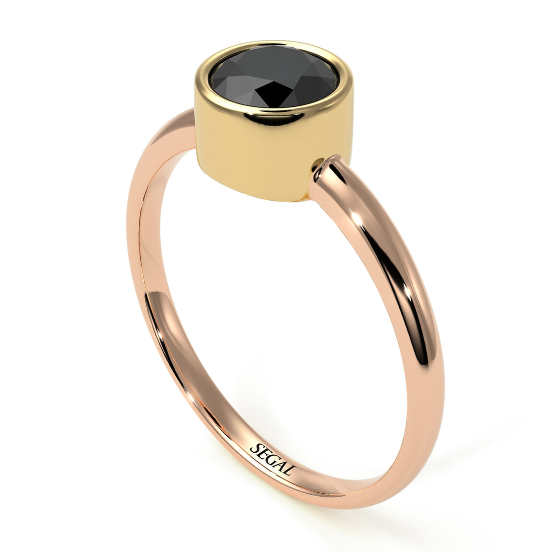 Two Tones Solitaire Bezel Black Diamond Ring - Emerson No. 19