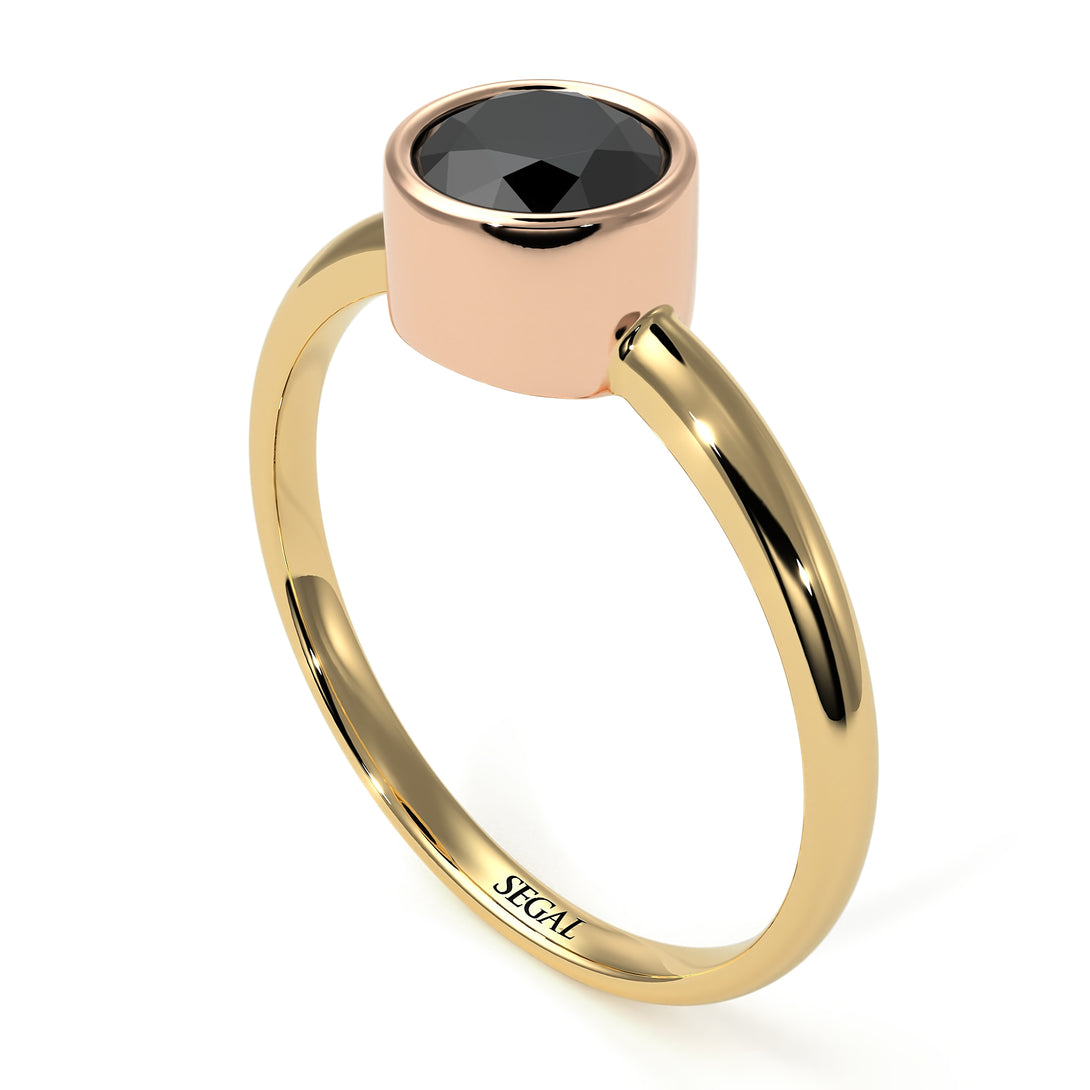 Two Tones Solitaire Bezel Black Diamond Ring - Emerson No. 19
