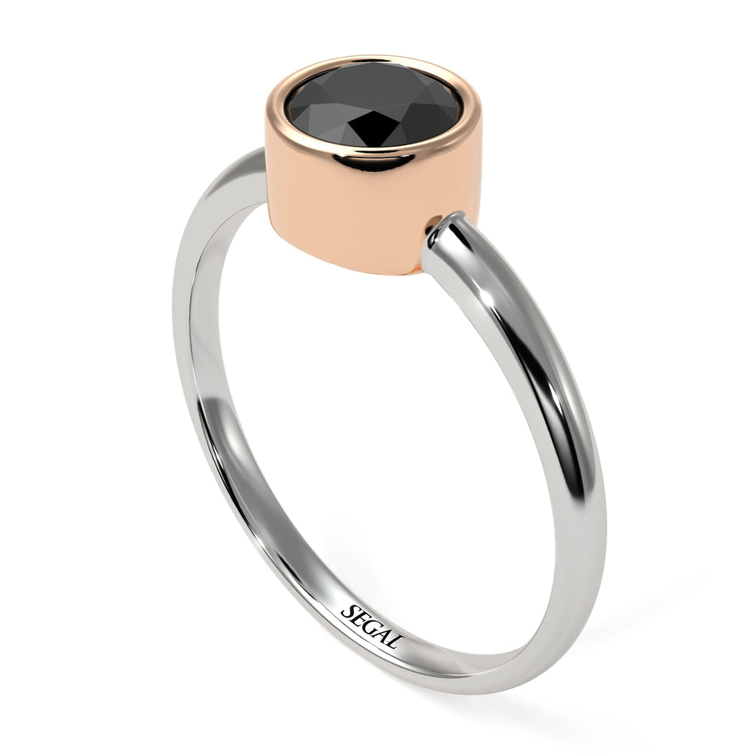 Two Tones Solitaire Bezel Black Diamond Ring - Emerson No. 21