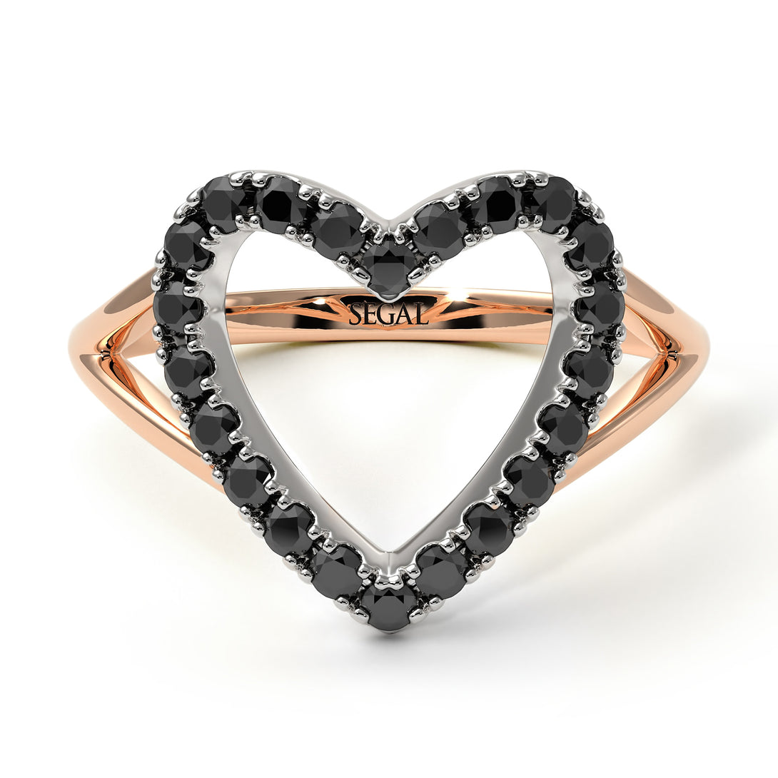 Two Tones Split Shank Heart Black Diamond Ring - Delaney No. 21