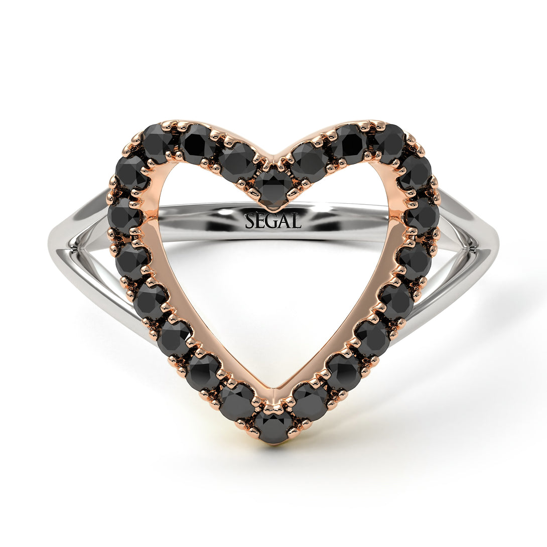 Two Tones Split Shank Heart Black Diamond Ring - Delaney No. 21
