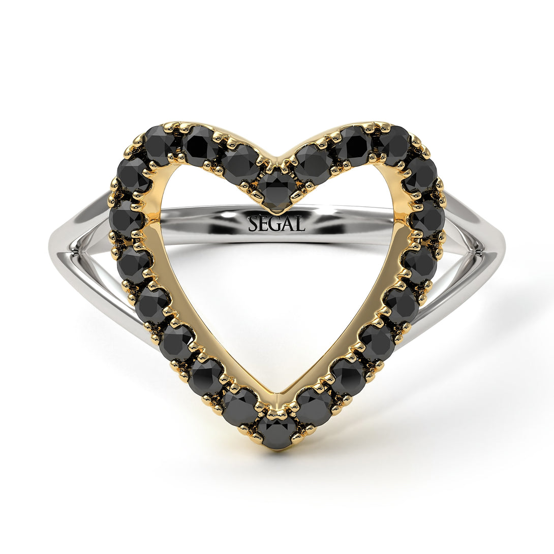 Two Tones Split Shank Heart Black Diamond Ring - Delaney No. 20