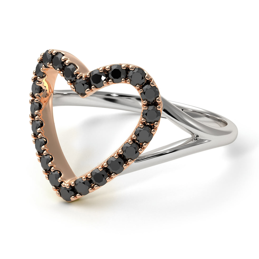 Two Tones Split Shank Heart Black Diamond Ring - Delaney No. 21