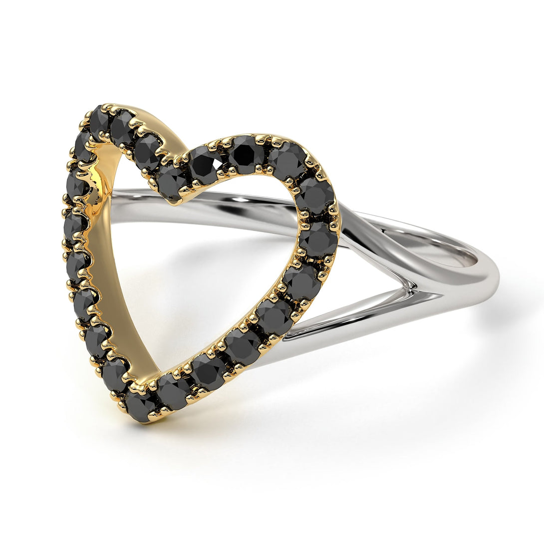 Two Tones Split Shank Heart Black Diamond Ring - Delaney No. 20