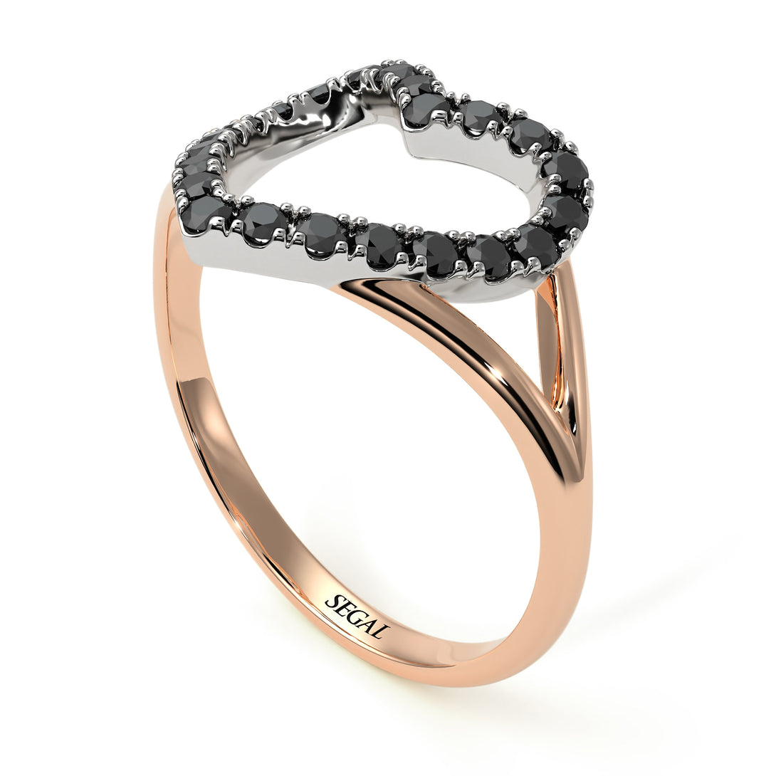 Two Tones Split Shank Heart Black Diamond Ring - Delaney No. 21