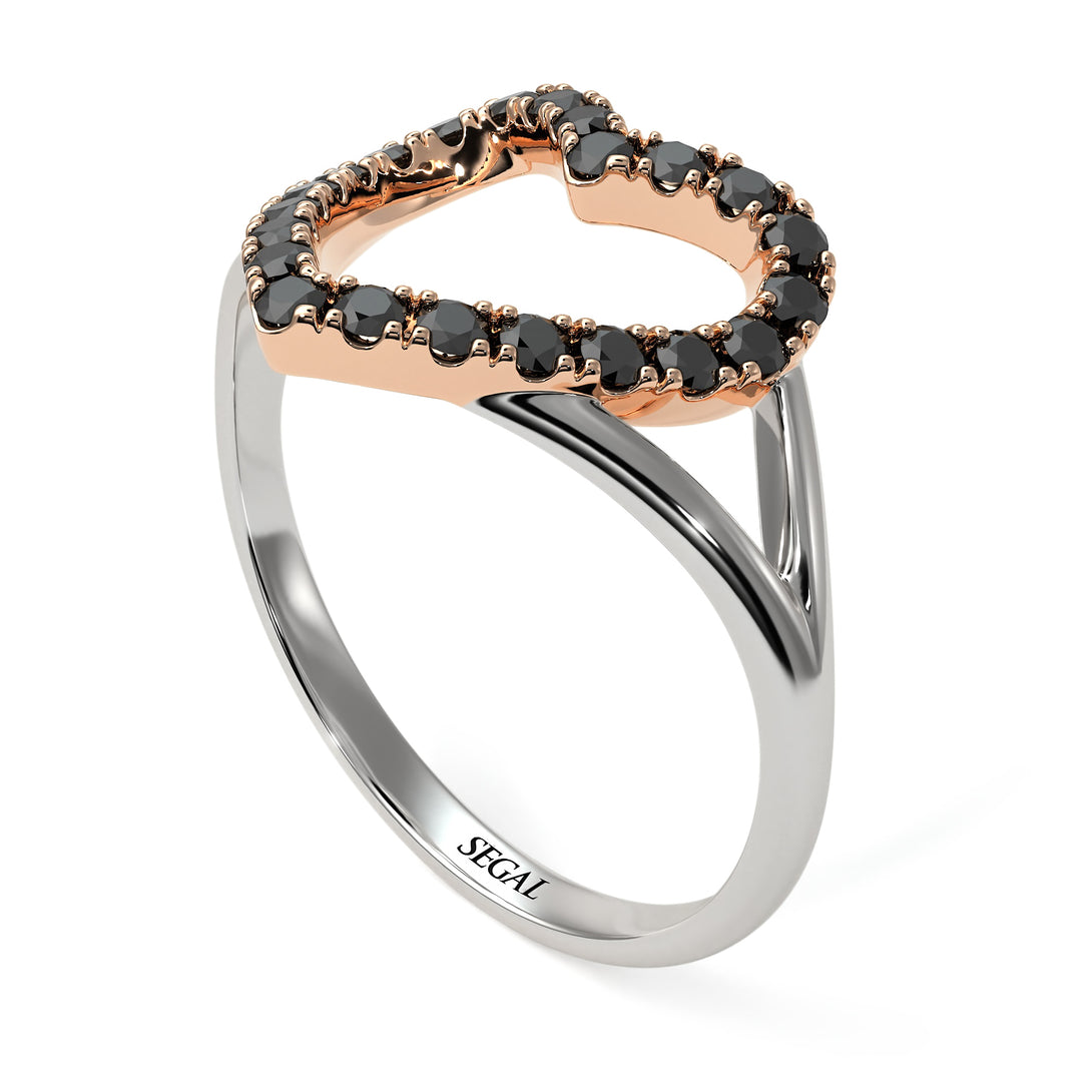 Two Tones Split Shank Heart Black Diamond Ring - Delaney No. 21