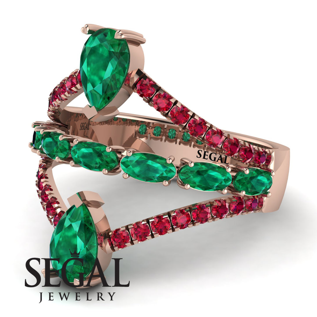 Symmetrical Twist Shank Pear Emerald Ring - Eliza No. 50