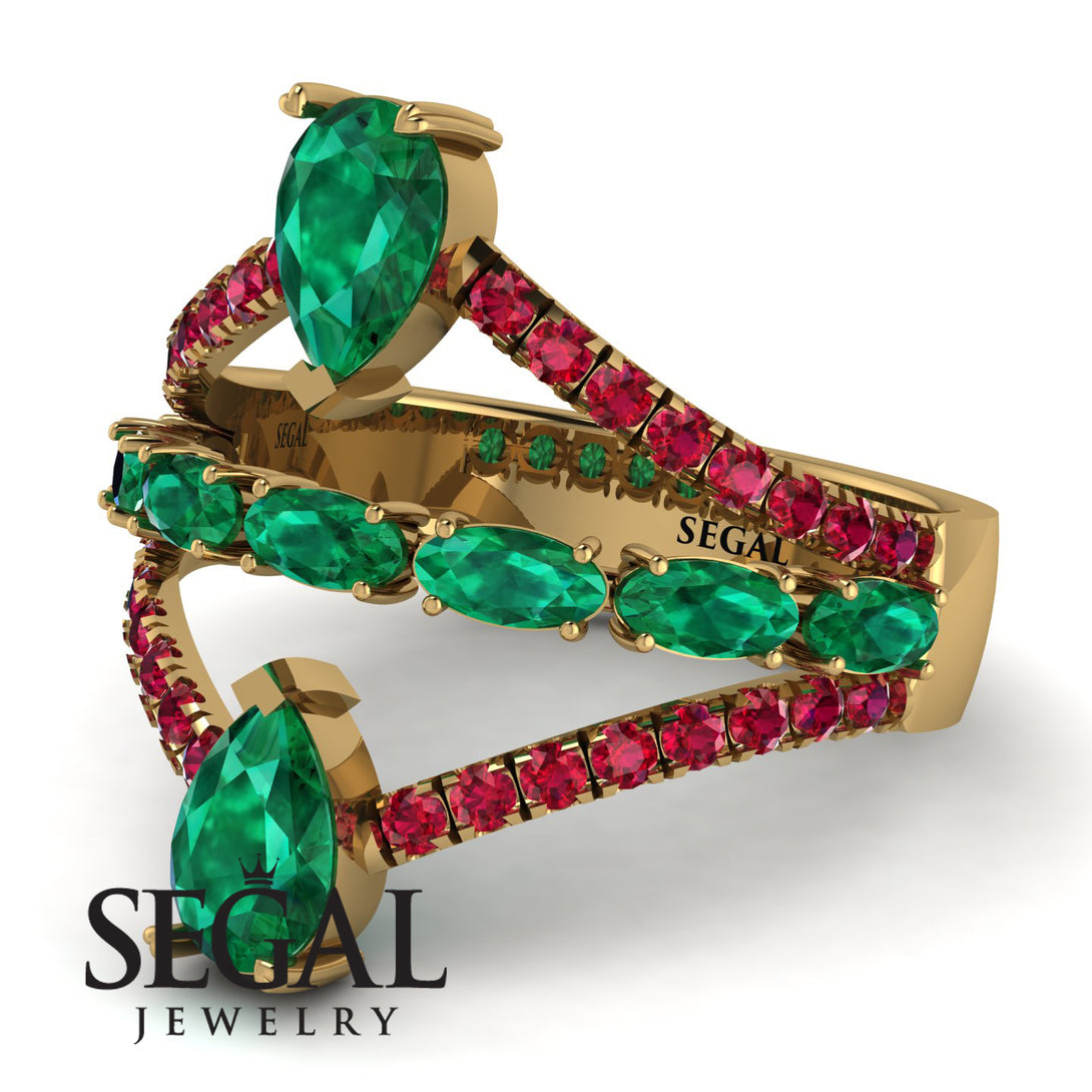 Symmetrical Twist Shank Pear Emerald Ring - Eliza No. 49