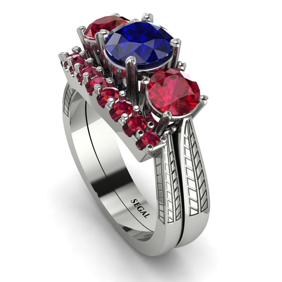 Three Stones Sapphire Braches Bridal Set - Donna No. 60