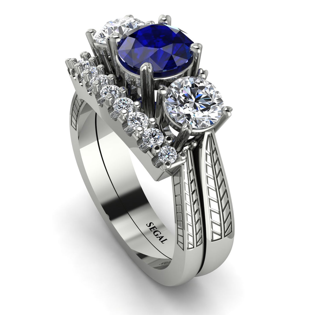 Three Stones Sapphire Braches Bridal Set - Donna No. 15