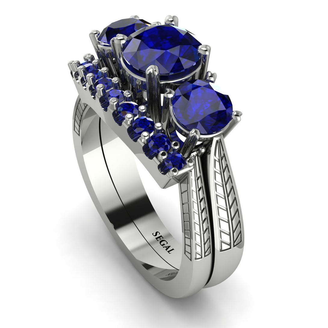 Three Stones Sapphire Braches Bridal Set - Donna No. 75