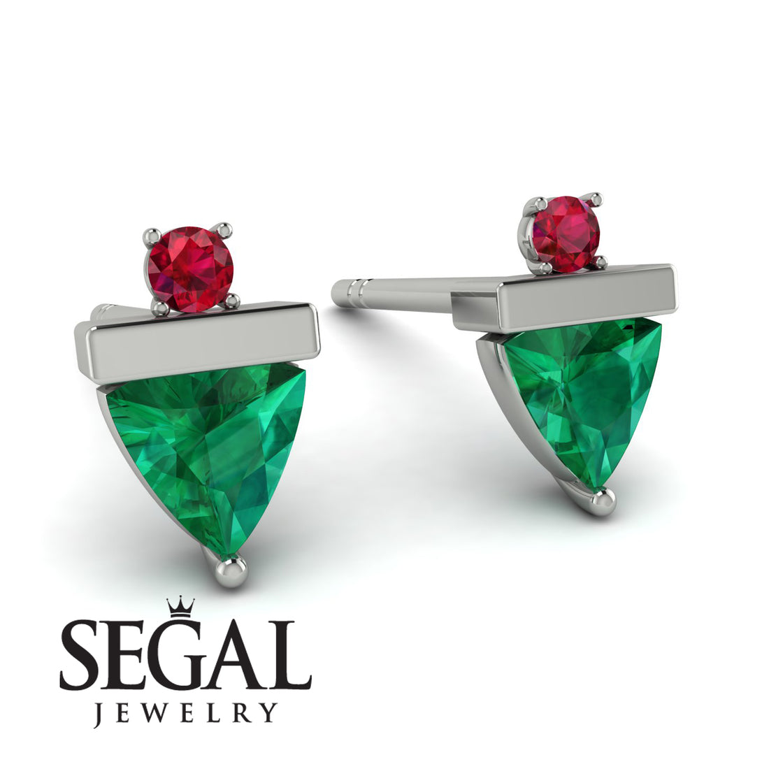 Triangle Emerald Earrings With Round Stone - Estella No. 51