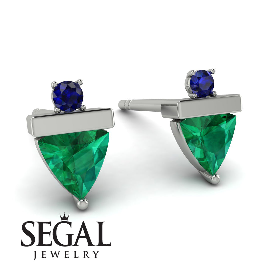 Triangle Emerald Earrings With Round Stone - Estella No. 66