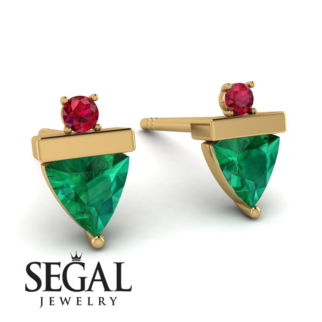 Triangle Emerald Earrings With Round Stone - Estella No. 49