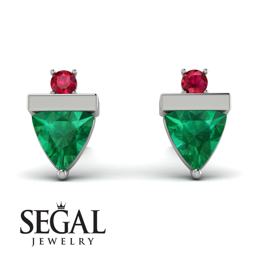 Triangle Emerald Earrings With Round Stone - Estella No. 51