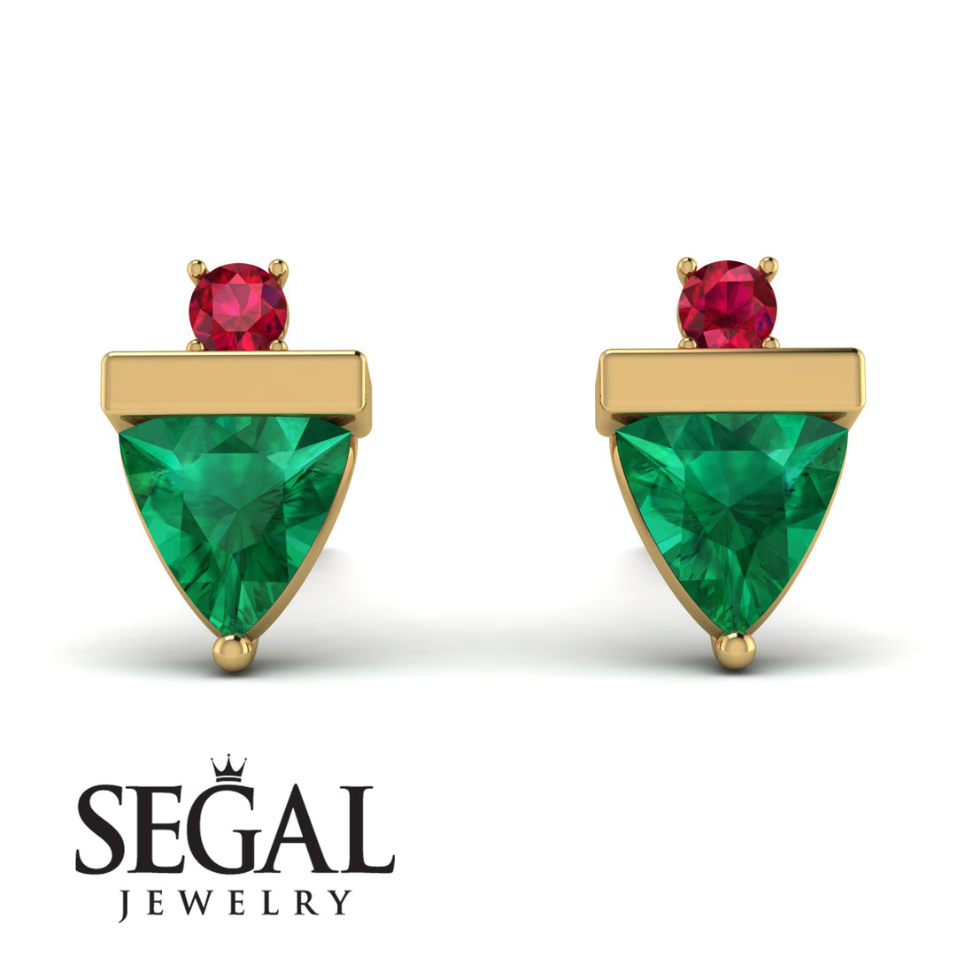 Triangle Emerald Earrings With Round Stone - Estella No. 49