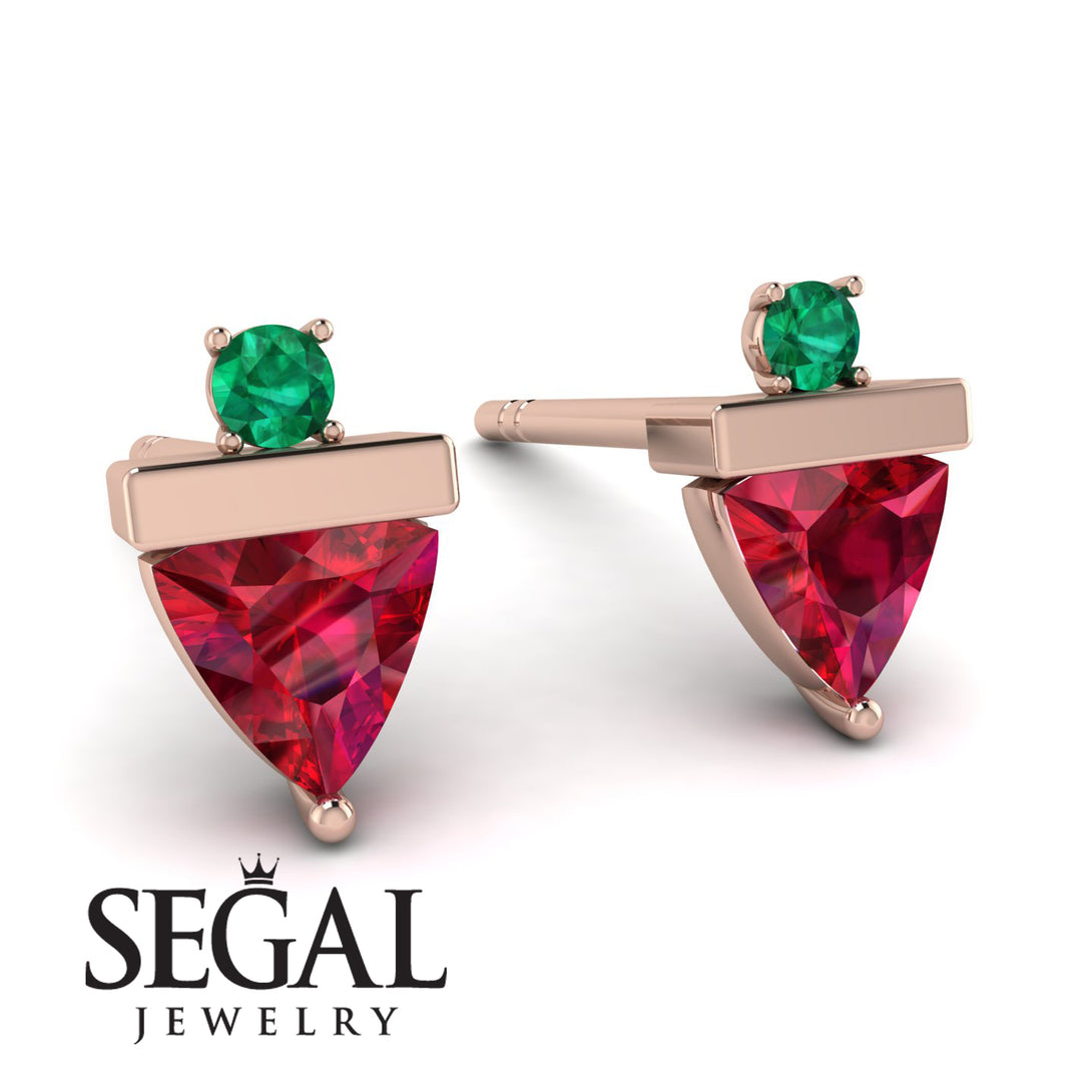 Triangle Ruby Earrings With Round Stone - Estella No. 26
