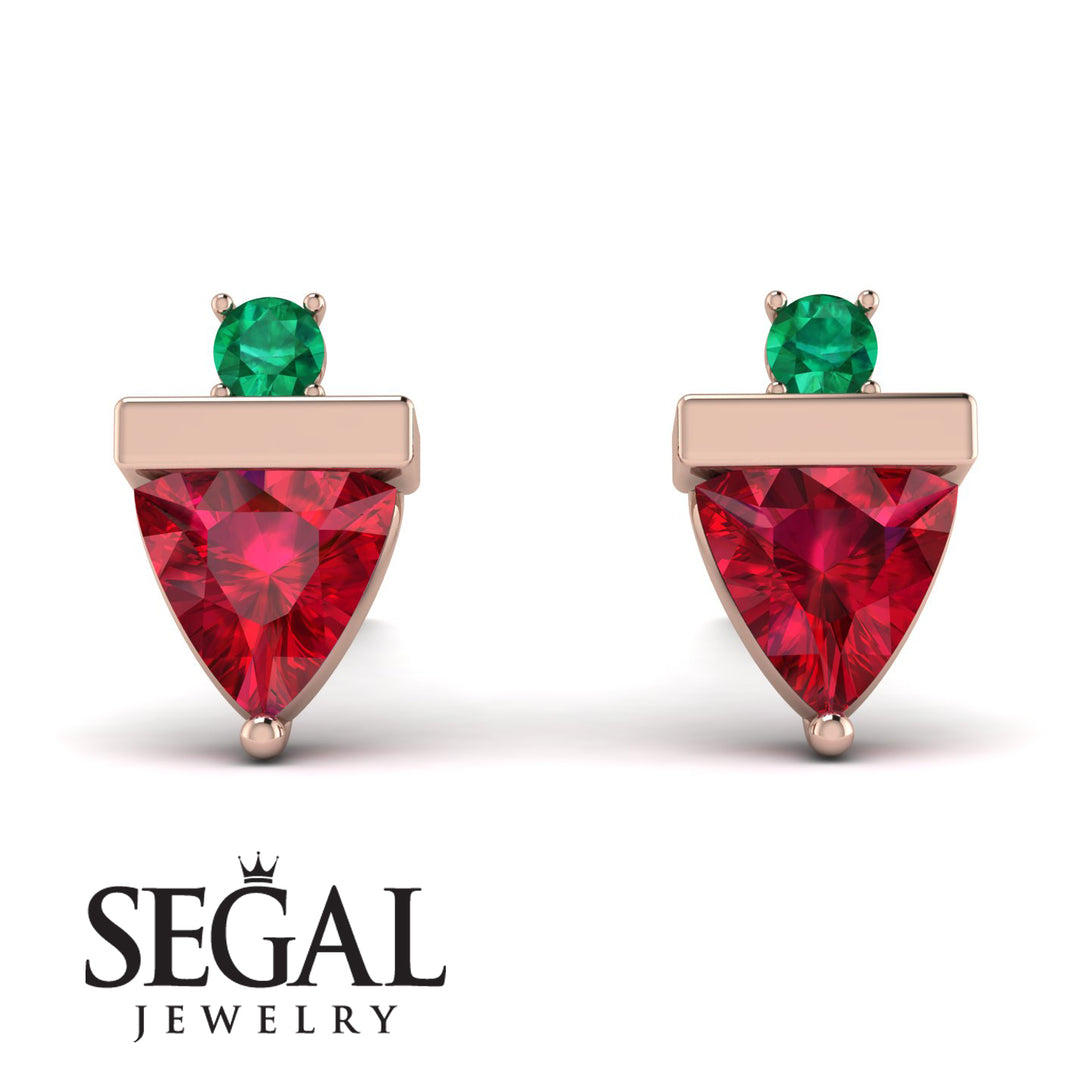 Triangle Ruby Earrings With Round Stone - Estella No. 26