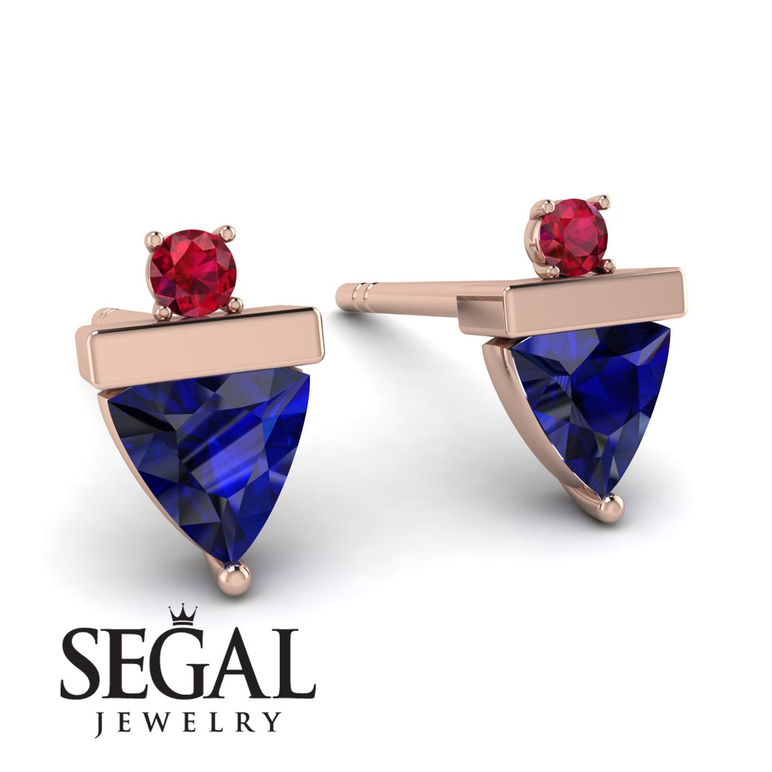 Triangle Sapphire Earrings With Round Stone - Estella No. 59