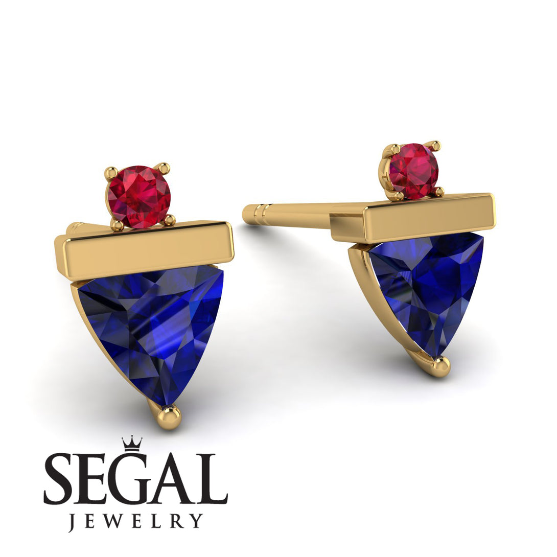 Triangle Sapphire Earrings With Round Stone - Estella No. 58