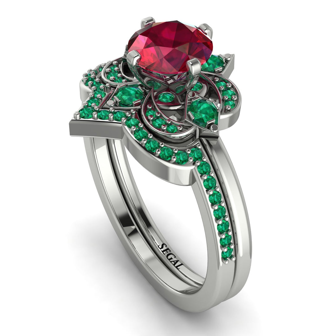 Unique Bloom Halo Ruby Bridal Set - Amanda No. 27