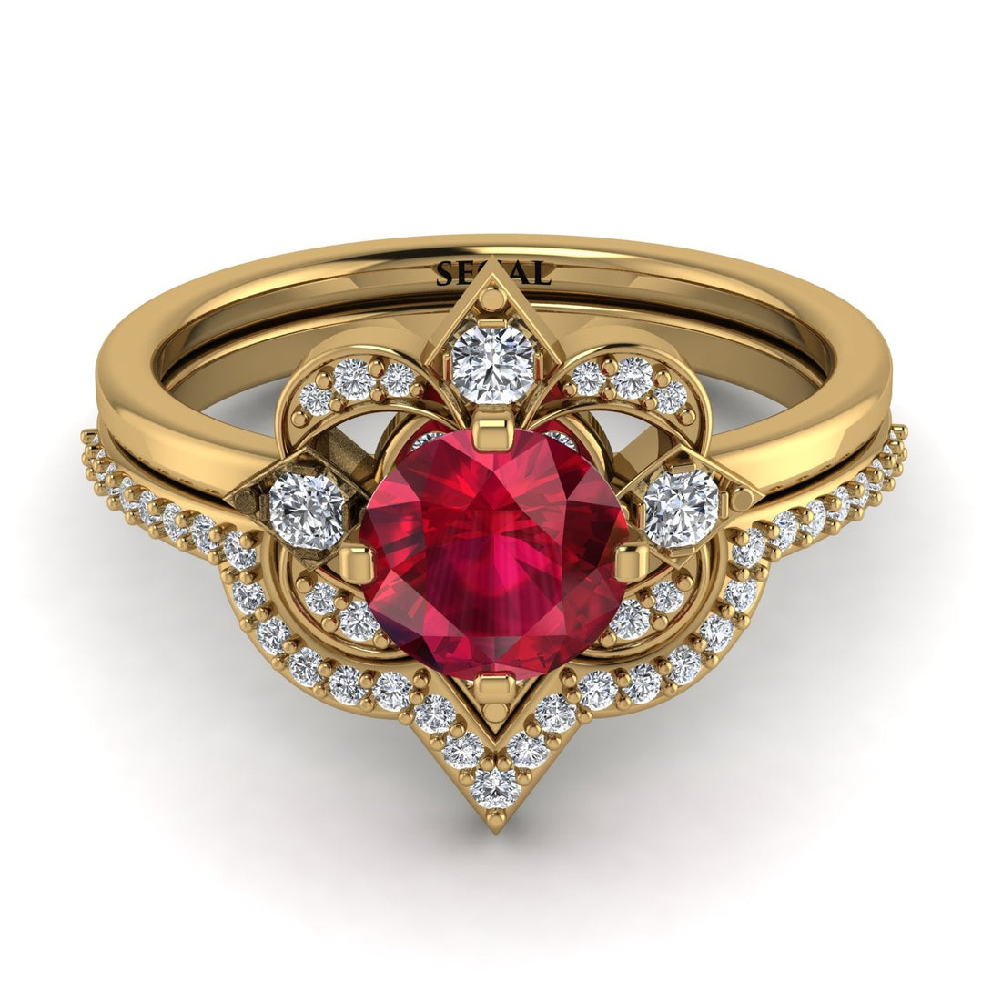 Unique Bloom Halo Ruby Bridal Set - Amanda No. 10