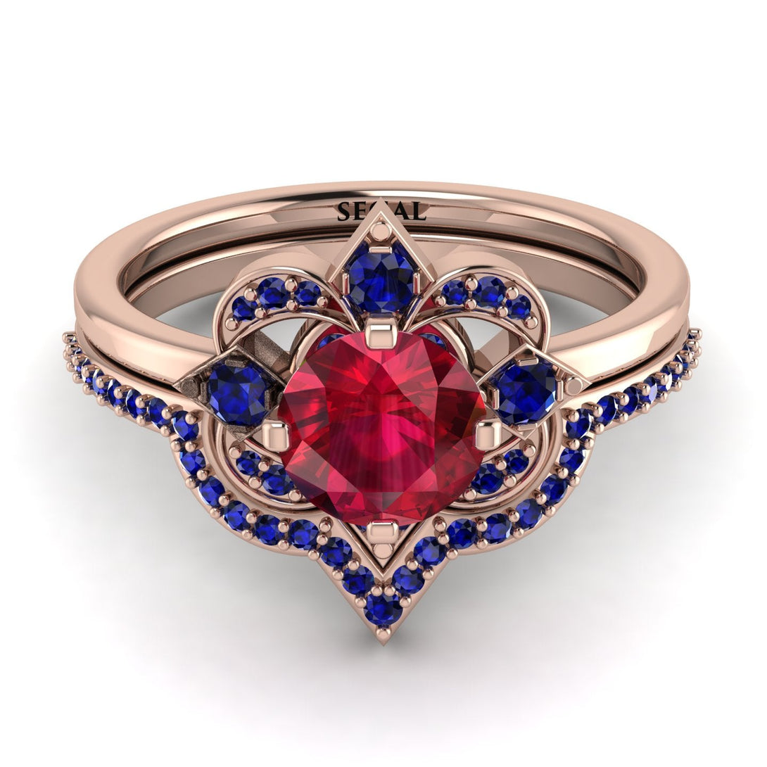 Unique Bloom Halo Ruby Bridal Set - Amanda No. 71