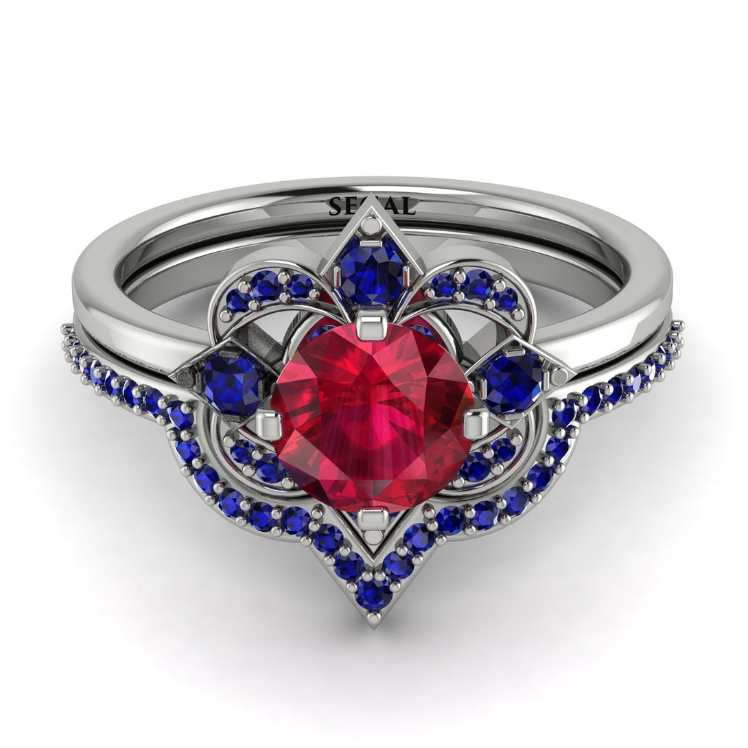 Unique Bloom Halo Ruby Bridal Set - Amanda No. 72