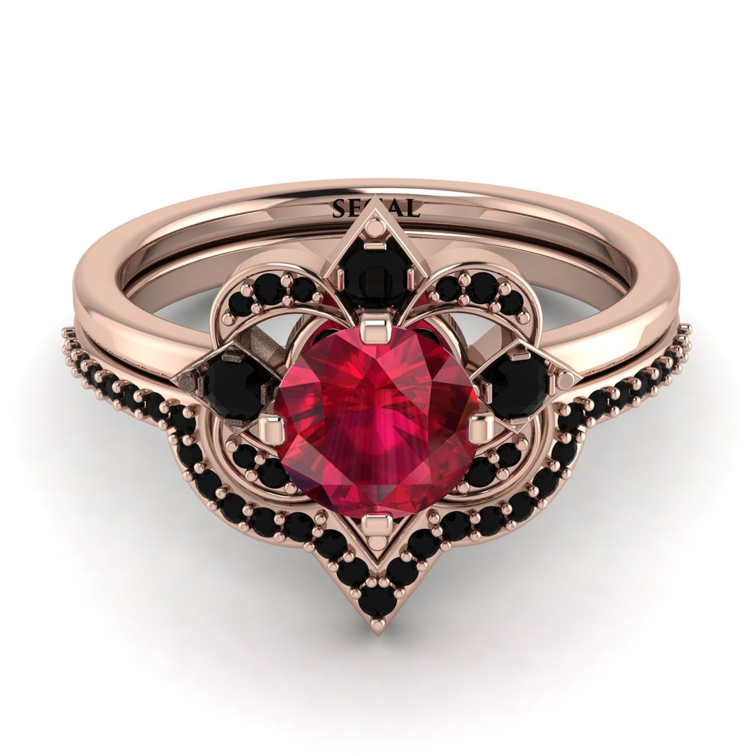Unique Bloom Halo Ruby Bridal Set - Amanda No. 41