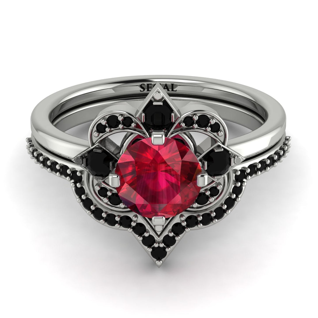 Unique Bloom Halo Ruby Bridal Set - Amanda No. 42