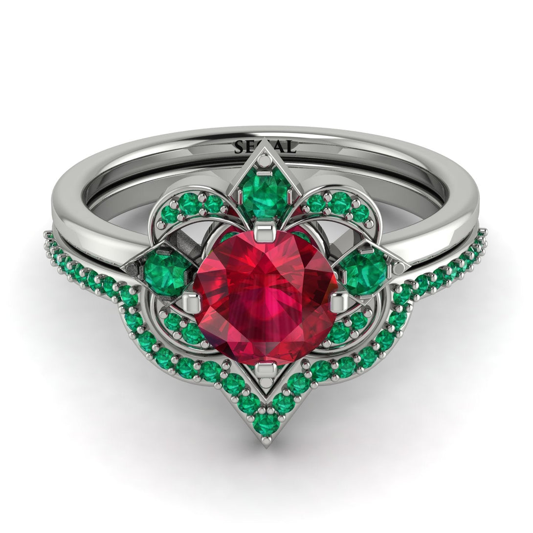 Unique Bloom Halo Ruby Bridal Set - Amanda No. 27