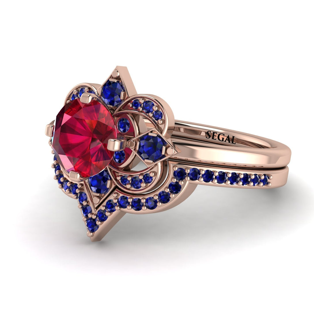 Unique Bloom Halo Ruby Bridal Set - Amanda No. 71