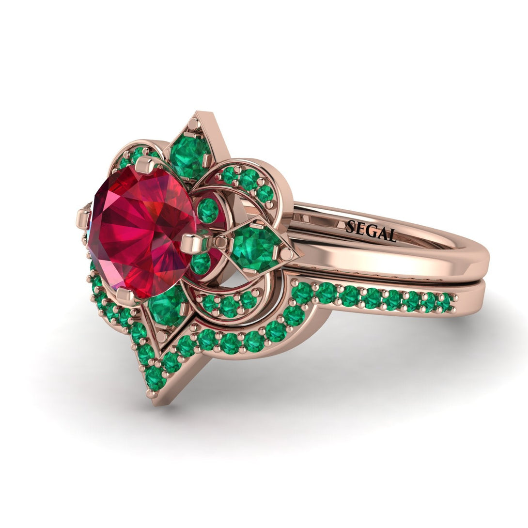 Unique Bloom Halo Ruby Bridal Set - Amanda No. 26