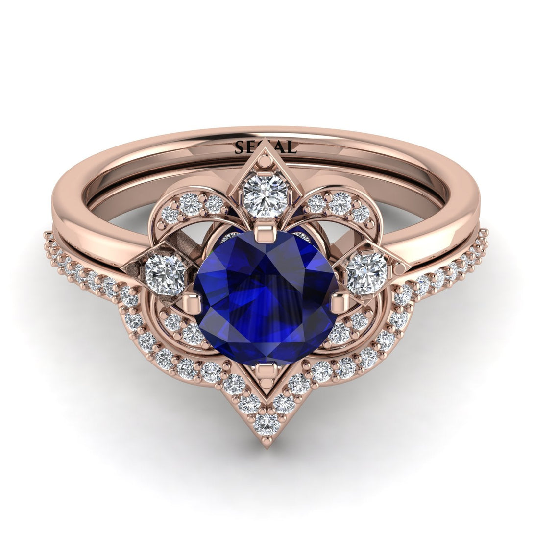 Unique Bloom Halo Sapphire Bridal Set - Amanda No. 14