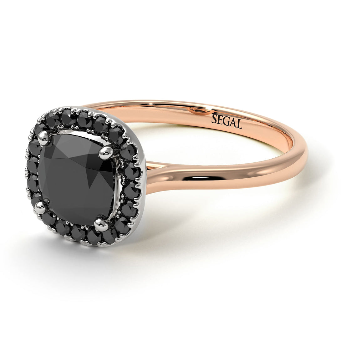 Two Tones Vintage Classic Halo Cushion Black Diamond Ring - Skylar No. 81