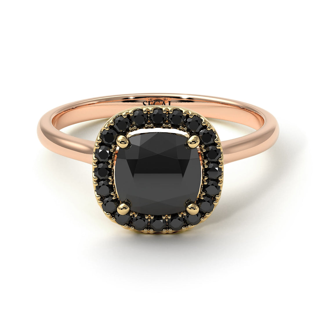 Two Tones Vintage Classic Halo Cushion Black Diamond Ring - Skylar No. 79