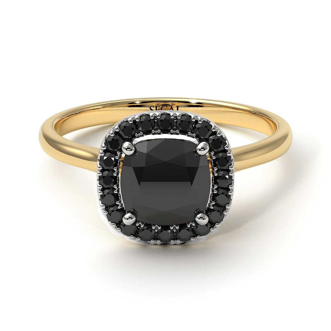 Two Tones Vintage Classic Halo Cushion Black Diamond Ring - Skylar No. 80