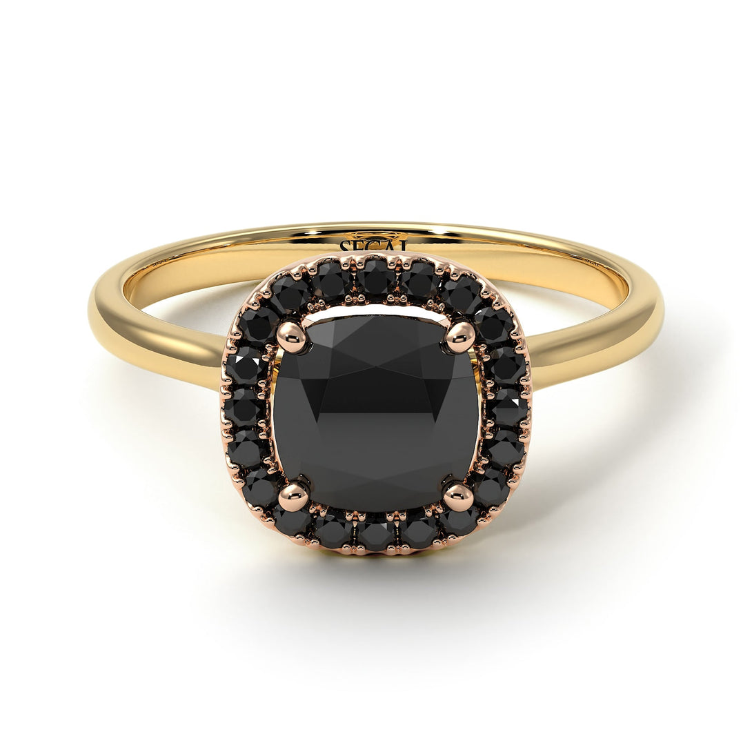 Two Tones Vintage Classic Halo Cushion Black Diamond Ring - Skylar No. 79