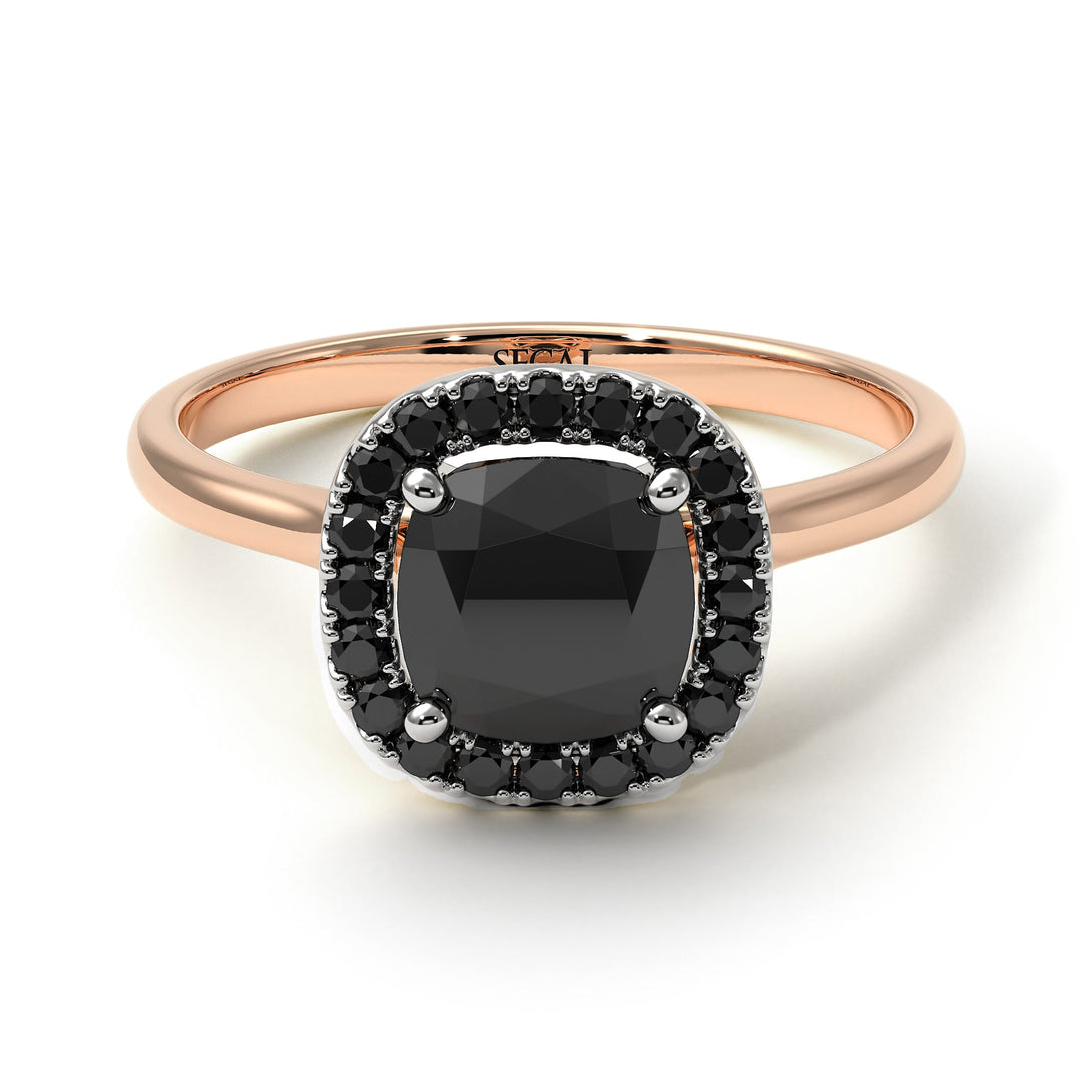 Two Tones Vintage Classic Halo Cushion Black Diamond Ring - Skylar No. 81