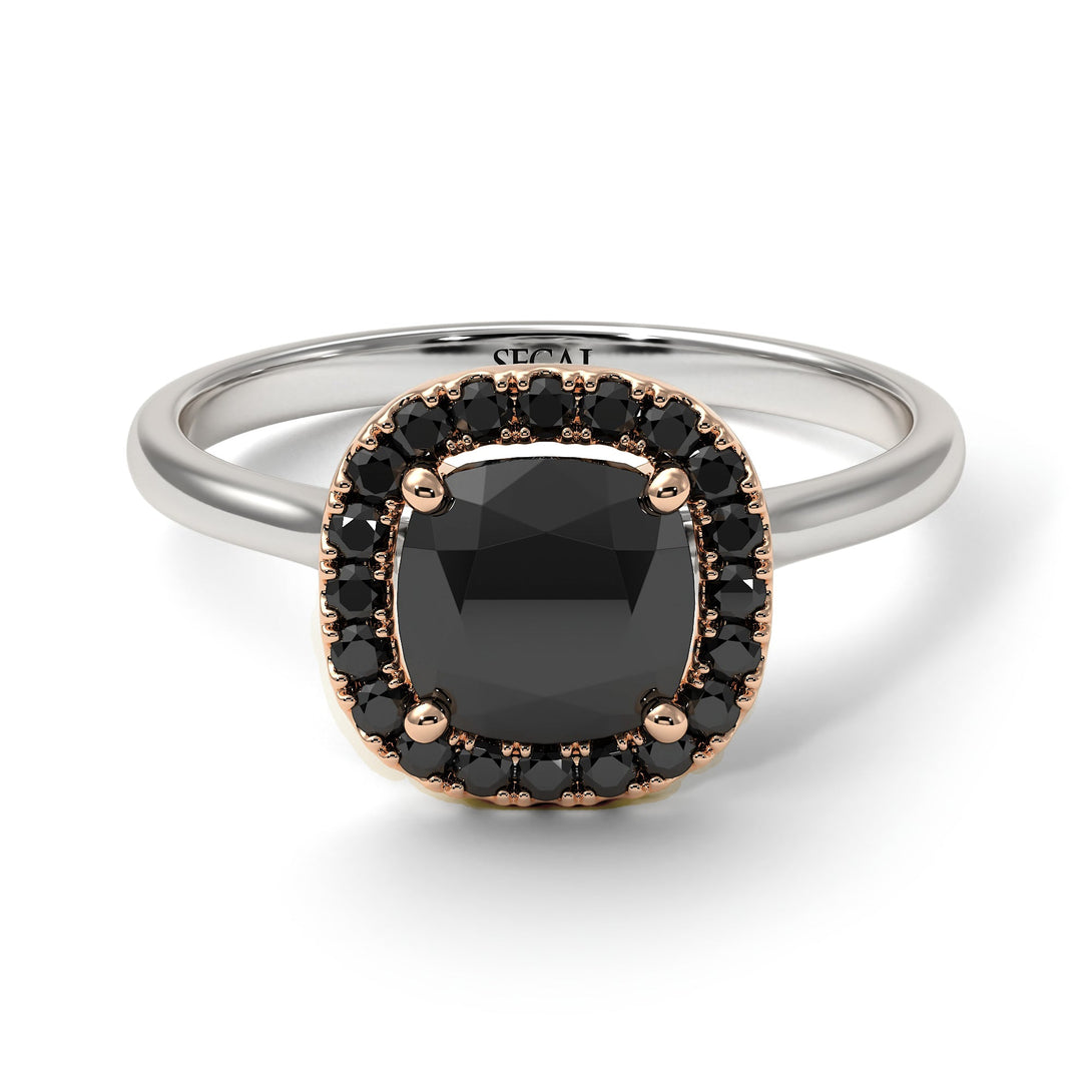 Two Tones Vintage Classic Halo Cushion Black Diamond Ring - Skylar No. 81
