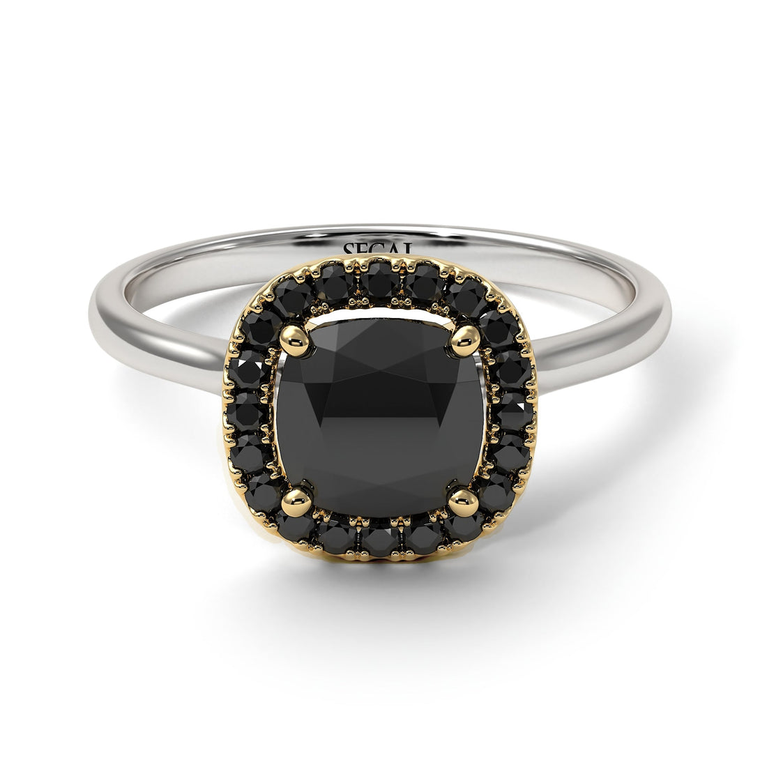 Two Tones Vintage Classic Halo Cushion Black Diamond Ring - Skylar No. 80