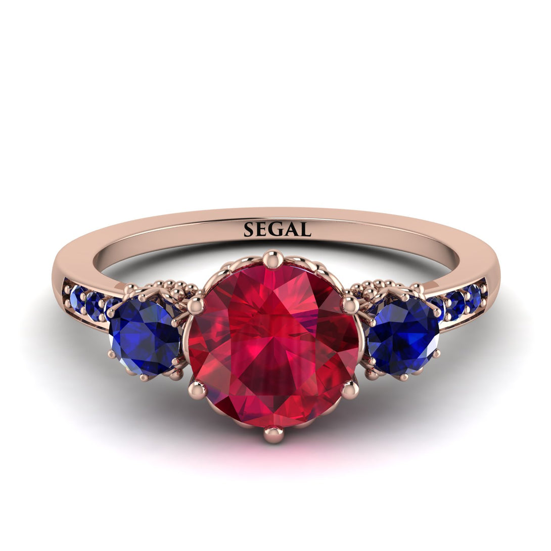 Vintage 3 Stones Ruby Ring With Micro Pave - Luna No. 62