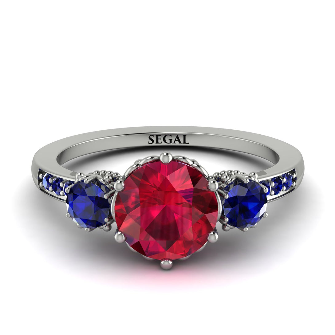 Vintage 3 Stones Ruby Ring With Micro Pave - Luna No. 63
