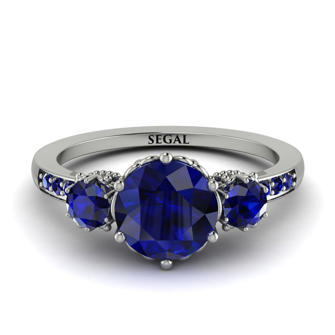 Vintage 3 Stones Sapphire Ring With Micro Pave - Luna No. 66