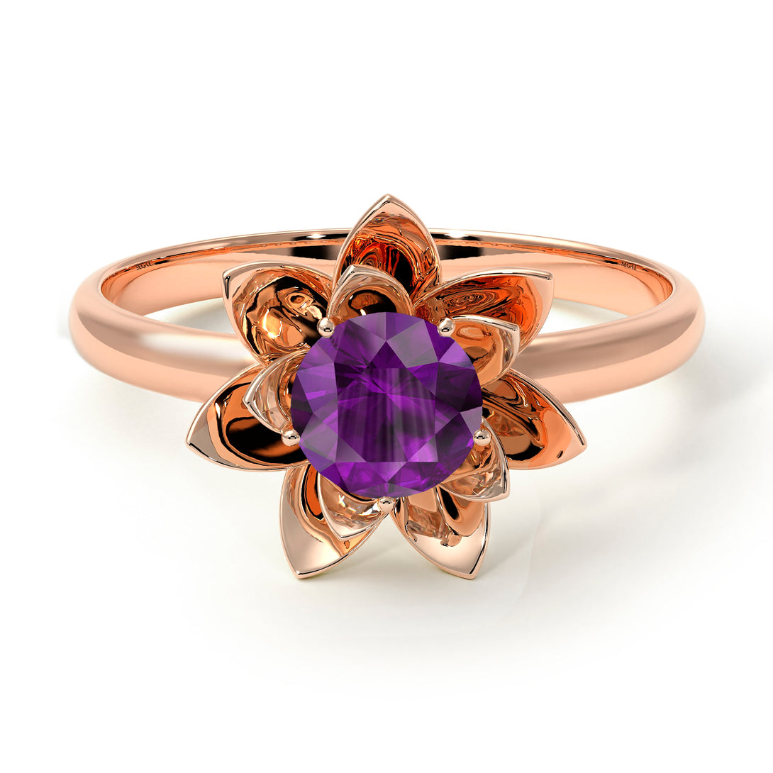 Lotus Flower Solitaire Amethyst Ring- Lotus no. 302