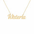 Wisteria name necklace in solid 14K Yellow Gold, handmade in Los Angeles