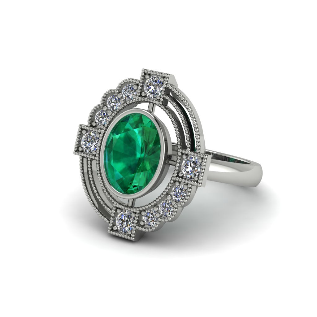 Emerald Art Deco Halo Fashion Ring - Gracelynn No. 6