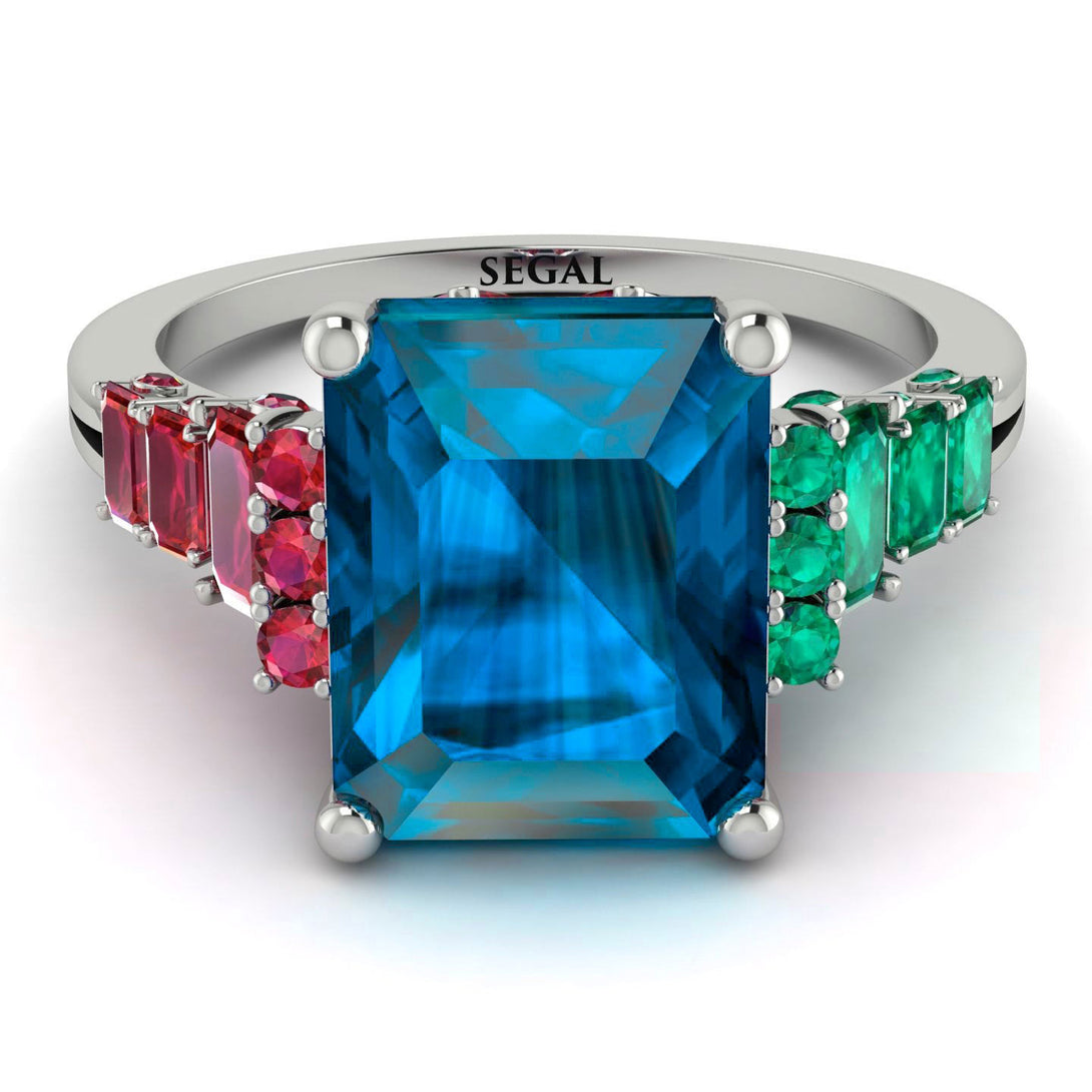 Kevin custom Emerald Cut Blue Topaz Ring Hidden Round Diamonds - Sawyer No. 5120