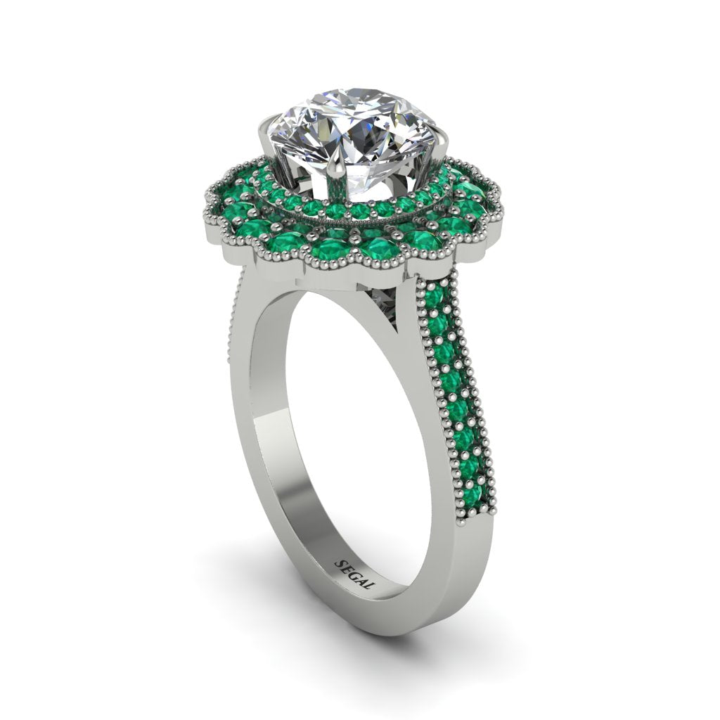 Emerald Double Halo Cathedral Engagement Ring - Deirdre No. 18
